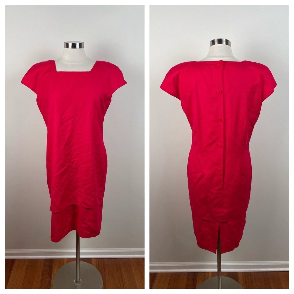 Silk Studio Vintage Solid Red 100% Silk Button Back Dress Women Size 14